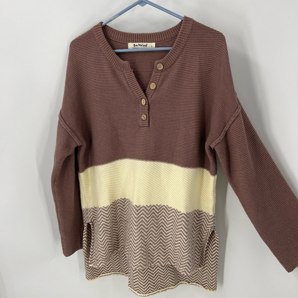 Three bird nest color block, drop shoulder high, low, ribbed knit sweater L - Picture 1 of 12